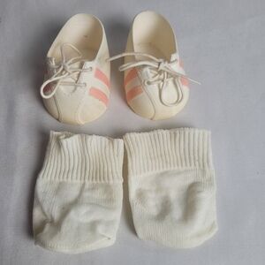 Vintage 80's Cabbage Patch Kids Doll Shoes White Pink Lace Up & Socks Set